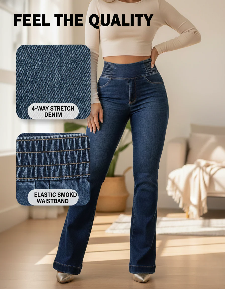 Curvara™ – Stretch High-Waist Flare Jeans with Elastic Smocked Waistband + 50 % OFF - Image 5
